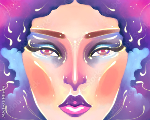 Enigmatic Woman's Face with Ethereal Cosmic Colors