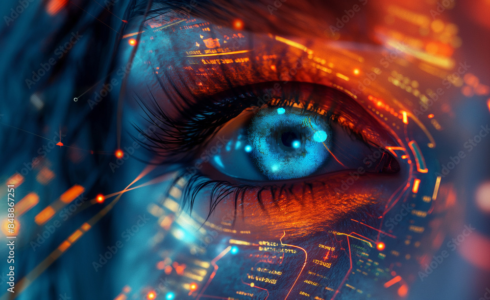 Close-up of a human eye with vibrant digital lights and abstract reflections. Close-up of a human eye with vibrant digital lights and abstract reflections.
