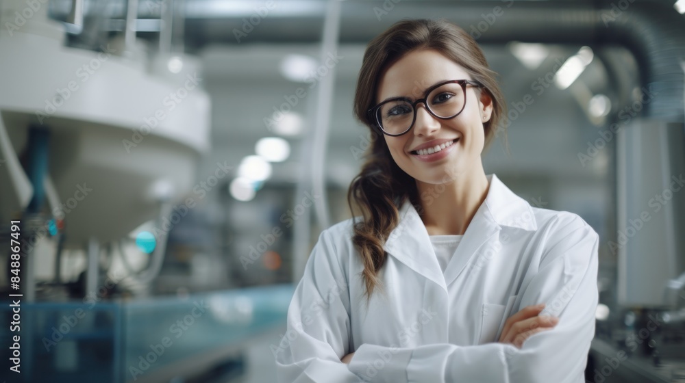 Woman factory worker wearing glasses and white robe at polymer plastic manufacturing, using tablet for quality control and logistic purposes, checking machines and mechanisms Woman factory worker wearing glasses and white robe at polymer plastic manufacturing, using tablet for quality control and logistic purposes, checking machines and mechanisms