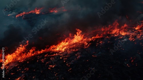 An aerial view captures a raging wildfire engulfing a dark landscape, its vibrant reds illuminating the night, a dramatic scene for an environmental documentary.