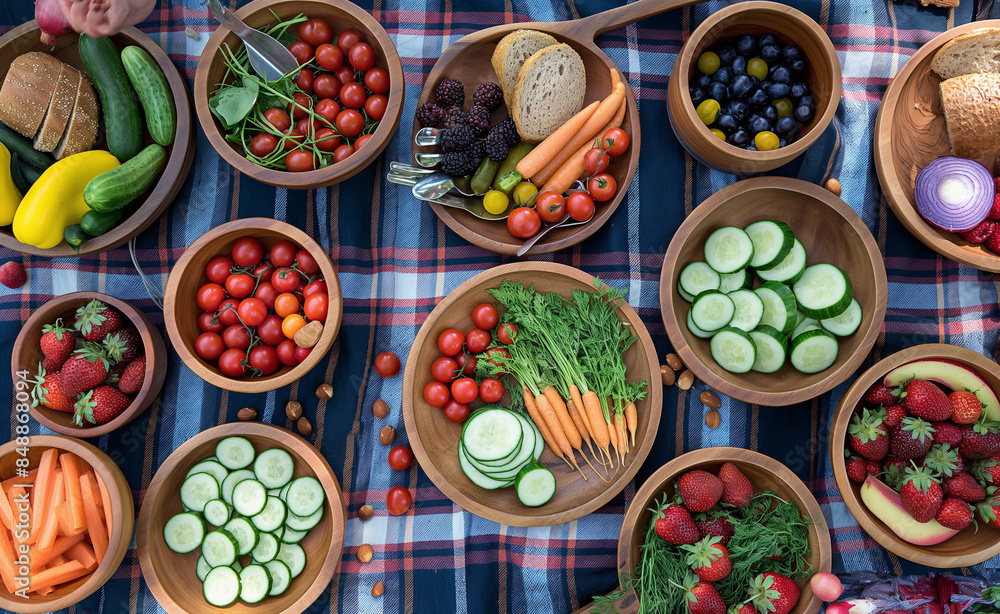 Assorted fresh vegetables and fruits arranged in wooden bowls on a checkered picnic blanket. Assorted fresh vegetables and fruits arranged in wooden bowls on a checkered picnic blanket.