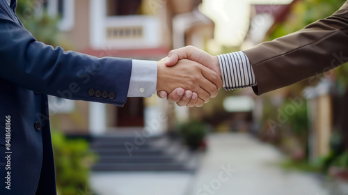 Hands Shaking In Front Of Residential Homes, Business Attire