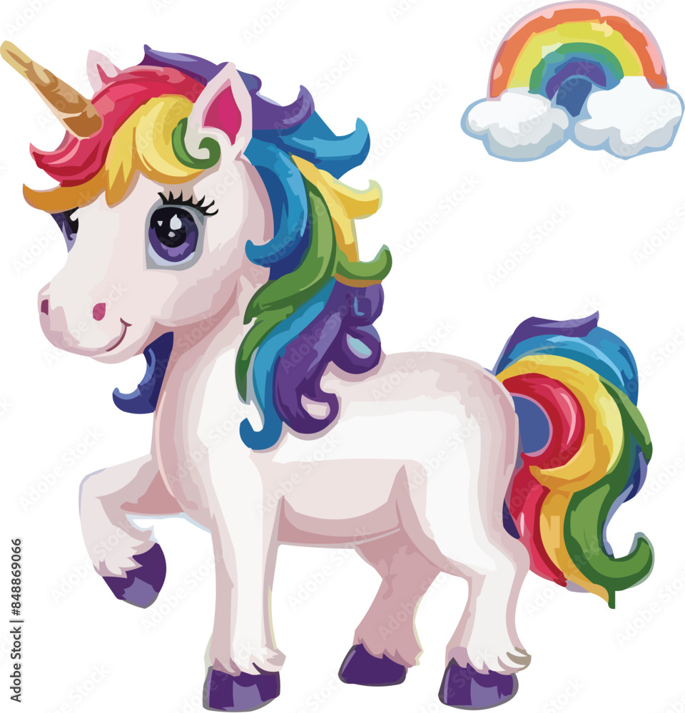 Delightful Unicorn with Rainbow Mane and Tail - Vector Art Delightful Unicorn with Rainbow Mane and Tail - Vector Art