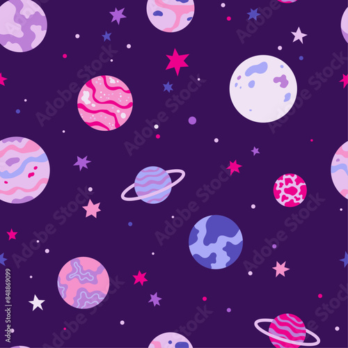 Seamless pattern with space, stars, planets. Trendy kids vector background. Texture for print, textile, fabric. Hand drawn illustration.