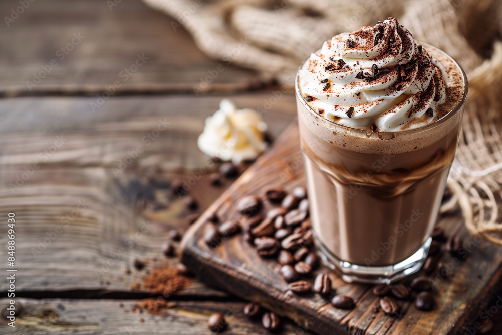 Iced caramel latte coffee in a tall glass with syrup and whipped cream. Ice cappuccino with whipped cream, Frappe. Iced caramel latte coffee in a tall glass with syrup and whipped cream. Ice cappuccino with whipped cream, Frappe.