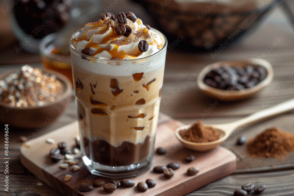 Iced caramel latte coffee in a tall glass with syrup and whipped cream. Ice cappuccino with whipped cream, Frappe. Iced caramel latte coffee in a tall glass with syrup and whipped cream. Ice cappuccino with whipped cream, Frappe.