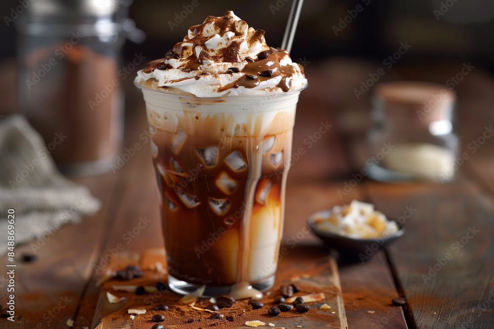 Iced caramel latte coffee in a tall glass with syrup and whipped cream. Ice cappuccino with whipped cream, Frappe. Iced caramel latte coffee in a tall glass with syrup and whipped cream. Ice cappuccino with whipped cream, Frappe.