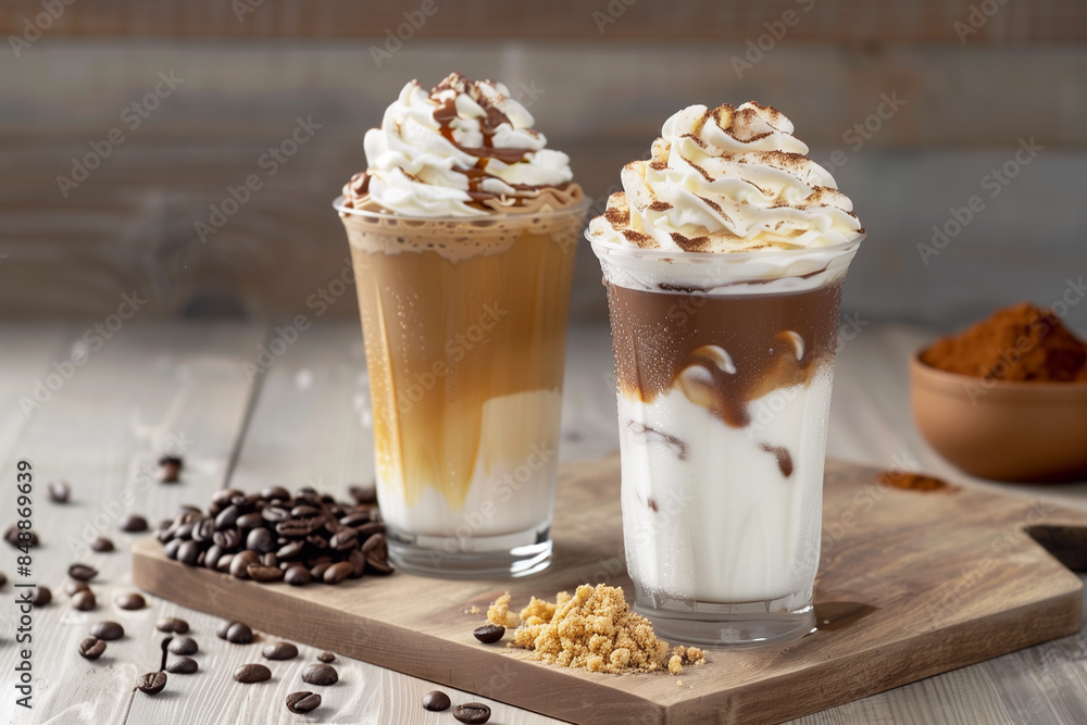 Iced caramel latte coffee in a tall glass with syrup and whipped cream. Ice cappuccino with whipped cream, Frappe. Iced caramel latte coffee in a tall glass with syrup and whipped cream. Ice cappuccino with whipped cream, Frappe.