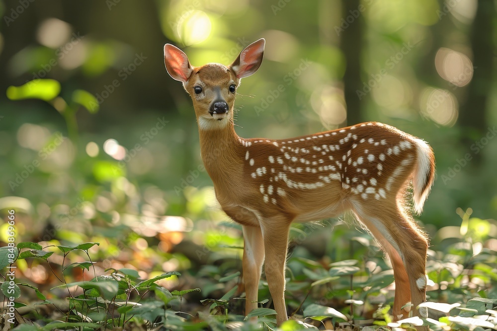 Baby Deer: A delicate baby deer, or fawn, with white spots on its back, standing in a serene forest glade. Baby Deer: A delicate baby deer, or fawn, with white spots on its back, standing in a serene forest glade.