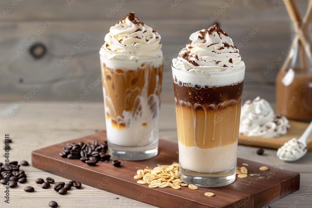 Iced caramel latte coffee in a tall glass with syrup and whipped cream. Ice cappuccino with whipped cream, Frappe. Iced caramel latte coffee in a tall glass with syrup and whipped cream. Ice cappuccino with whipped cream, Frappe.