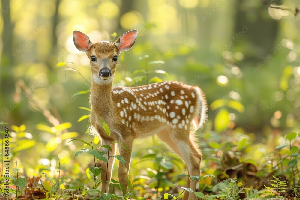 Baby Deer: A delicate baby deer, or fawn, with white spots on its back, standing in a serene forest glade. Baby Deer: A delicate baby deer, or fawn, with white spots on its back, standing in a serene forest glade.