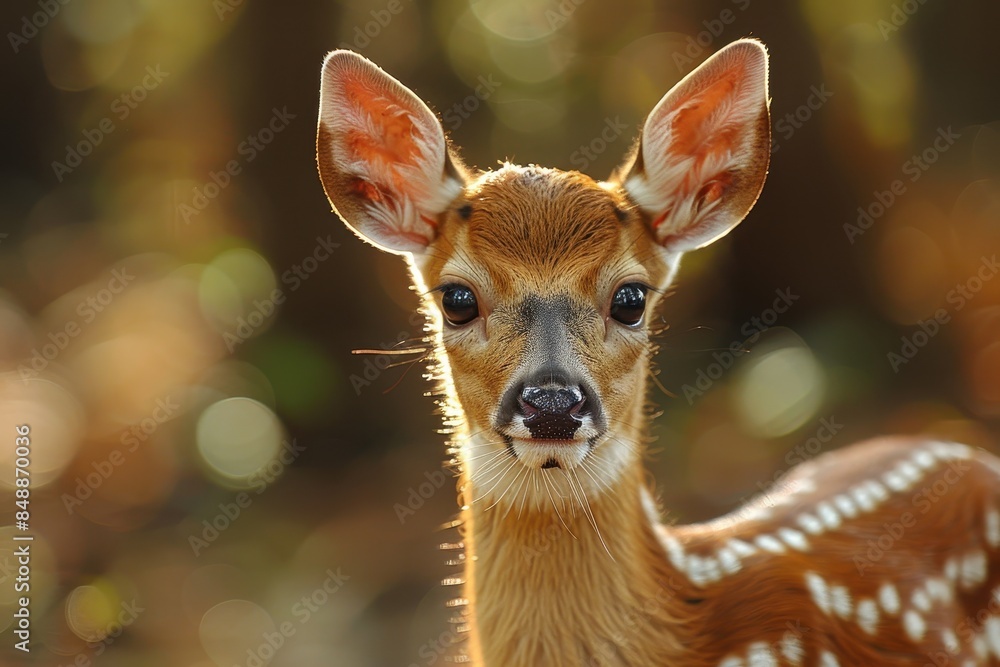 Baby Deer: A delicate baby deer, or fawn, with white spots on its back, standing in a serene forest glade. Baby Deer: A delicate baby deer, or fawn, with white spots on its back, standing in a serene forest glade.