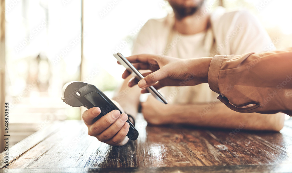 © JorSons/peopleimages.com - Hands, pos and phone at a cafe for payment, ecommerce or coffee shop waiter tip for customer service. Smartphone, scanner and person at a restaurant with app for paperless, bill or digital currency © JorSons/peopleimages.com - Hands, pos and phone at a cafe for payment, ecommerce or coffee shop waiter tip for customer service. Smartphone, scanner and person at a restaurant with app for paperless, bill or digital currency