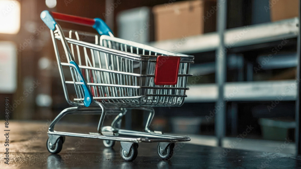 A miniature shopping cart on a wooden surface, with blurred shelves in the background A miniature shopping cart on a wooden surface, with blurred shelves in the background