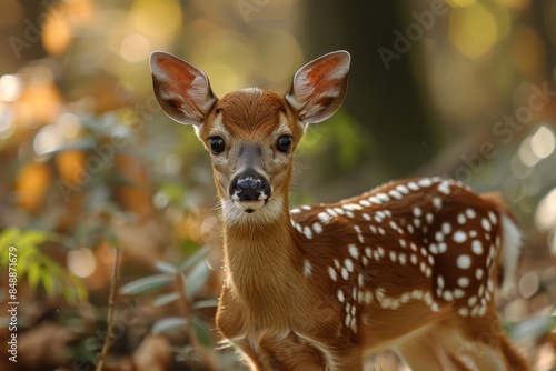 Baby Deer: A delicate baby deer, or fawn, with white spots on its back, standing in a serene forest glade. 