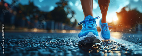 closeup of blue running shoes on the asphalt, with sunlight and raindrops creating dynamic shadows. With copy space. photo