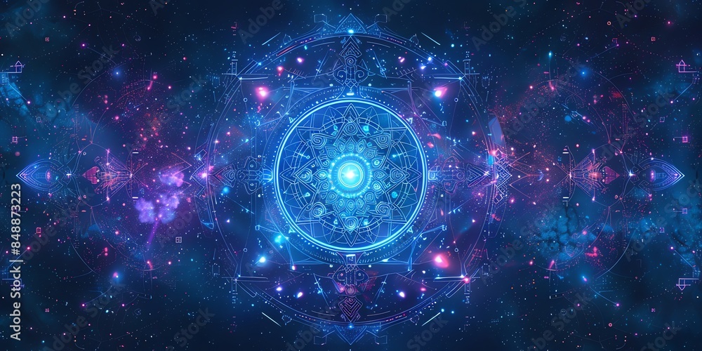 A rectangle, mystical design inspired by the I Ching, with ancient Chinese symbols and hexagrams. surrounded by an intricate pattern of trigrams. The background is a gradient of deep blues and purples A rectangle, mystical design inspired by the I Ching, with ancient Chinese symbols and hexagrams. surrounded by an intricate pattern of trigrams. The background is a gradient of deep blues and purples