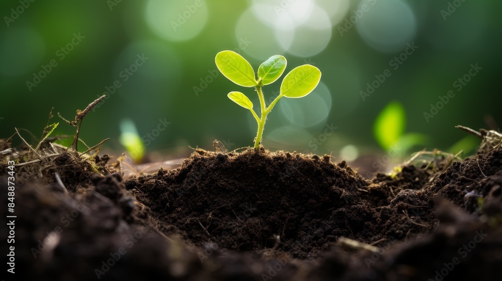 A small sprout sprouts in the ground outside. A small sprout sprouts in the ground outside.