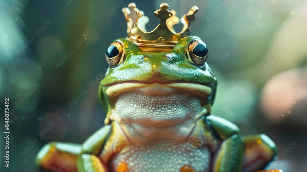 A humorous frog princess donning a golden crown A humorous frog princess donning a golden crown