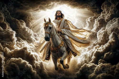 Jesus Christ riding a white horse on the clouds of Heaven	 photo