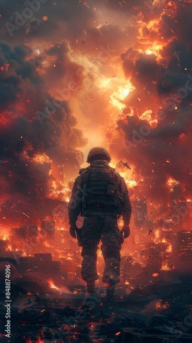 Apocalyptic Soldier Amidst City Ruins