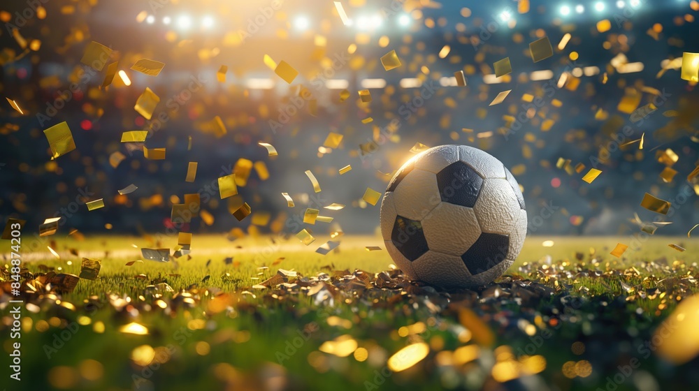 Fototapeta premium A soccer ball with a confetti on the soccer field. Football concept