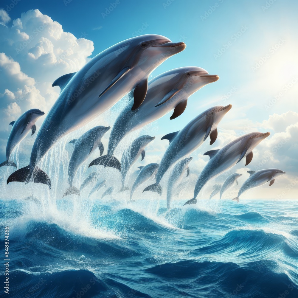 Obraz premium A group of dolphins gracefully leap out of the ocean against a backdrop of a vibrant sunrise, highlighting their sleek forms and the dynamic movement of the waves. This image captures the essence of