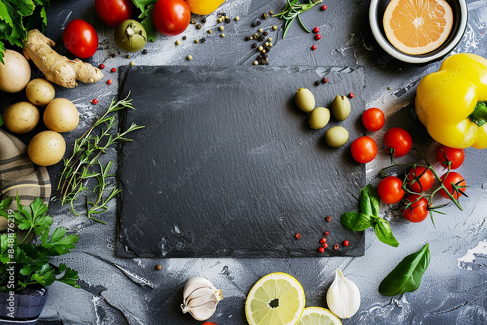 Photo of an empty white blank slate on an Italian kitchen table. AI generative. Photo of an empty white blank slate on an Italian kitchen table. AI generative.