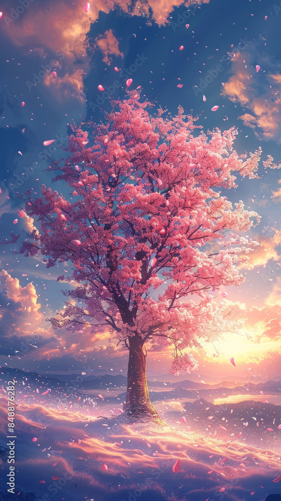 a plain crush in a field covered in snow , cherry blossom, golden hour, in the style of anime art,generative ai a plain crush in a field covered in snow , cherry blossom, golden hour, in the style of anime art,generative ai