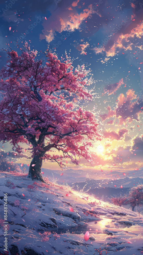 a plain crush in a field covered in snow , cherry blossom, golden hour, in the style of anime art,generative ai