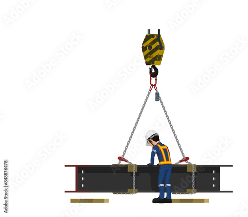 A worker is checking balance of chain sling