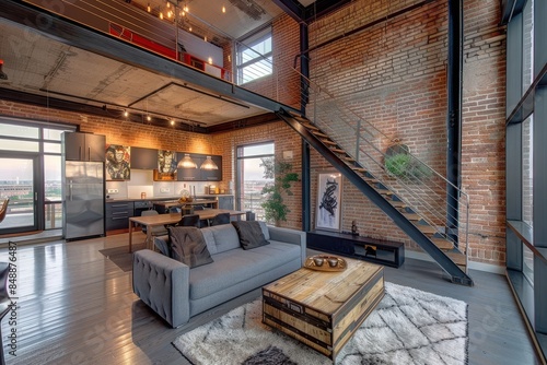 Modern loft living room with exposed brick walls, a metal staircase, and large windows