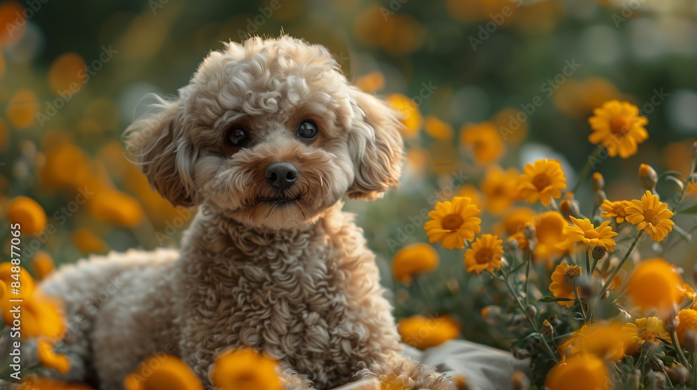 A Brown Poodle Dog Sitting in a Field of Yellow Flowers A Brown Poodle Dog Sitting in a Field of Yellow Flowers