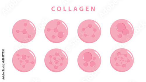 Collagen-Content1Molecules inside bubbles. Collagen serum bubble. Cosmetic essence. Concept skin care cosmetics solution.  flat vector 2d illustration.