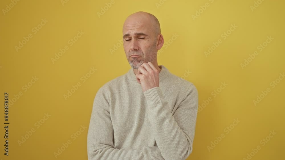 Pensive bald guy wearing yellow sweater, wondering in deep thought with hand on chin, concentrated look up against isolated background Pensive bald guy wearing yellow sweater, wondering in deep thought with hand on chin, concentrated look up against isolated background