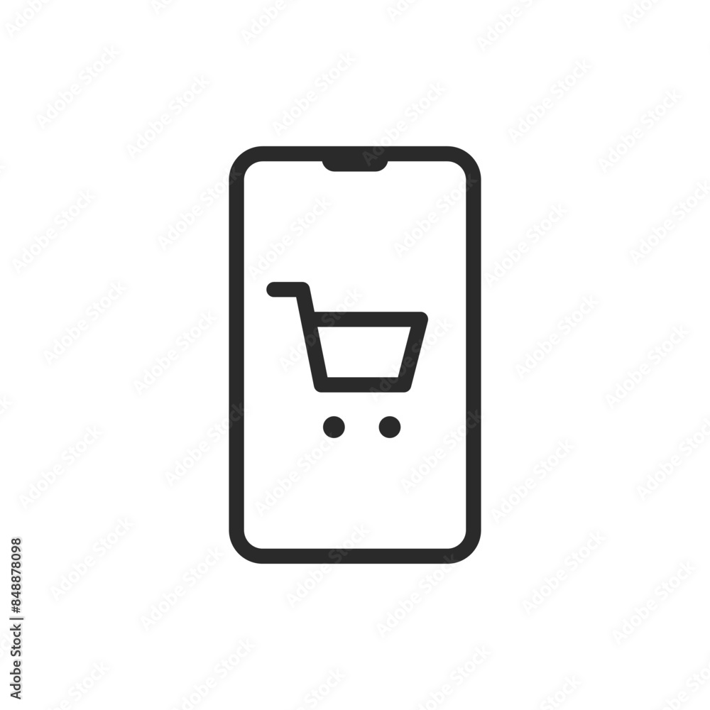 Online shopping, linear style icon. Shopping cart on smartphone. Editable stroke width Online shopping, linear style icon. Shopping cart on smartphone. Editable stroke width