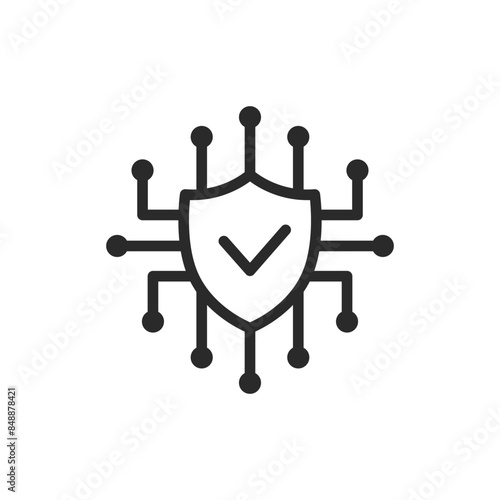 Shield with circuits, linear style icon. cybersecurity or data protection. Editable stroke width.