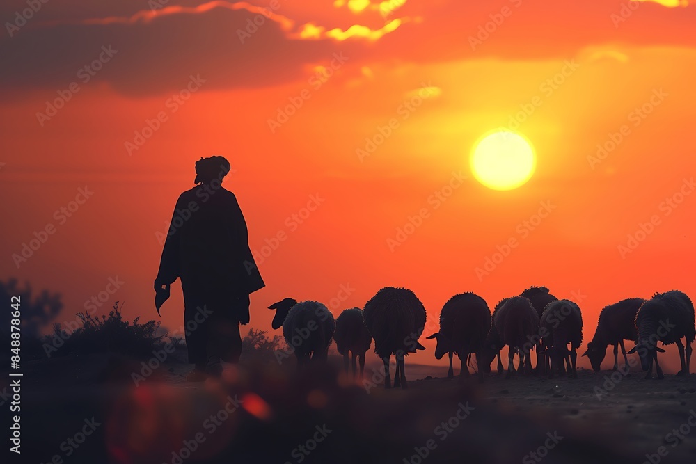A man is herding goats in a meadow, a representation of the Eid al-Adha holiday. A man is herding goats in a meadow, a representation of the Eid al-Adha holiday.