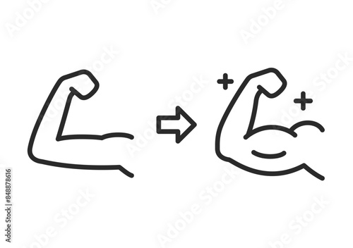 Muscle growth, linear style. Arm with small muscles becoming muscular. muscle building. Editable stroke width