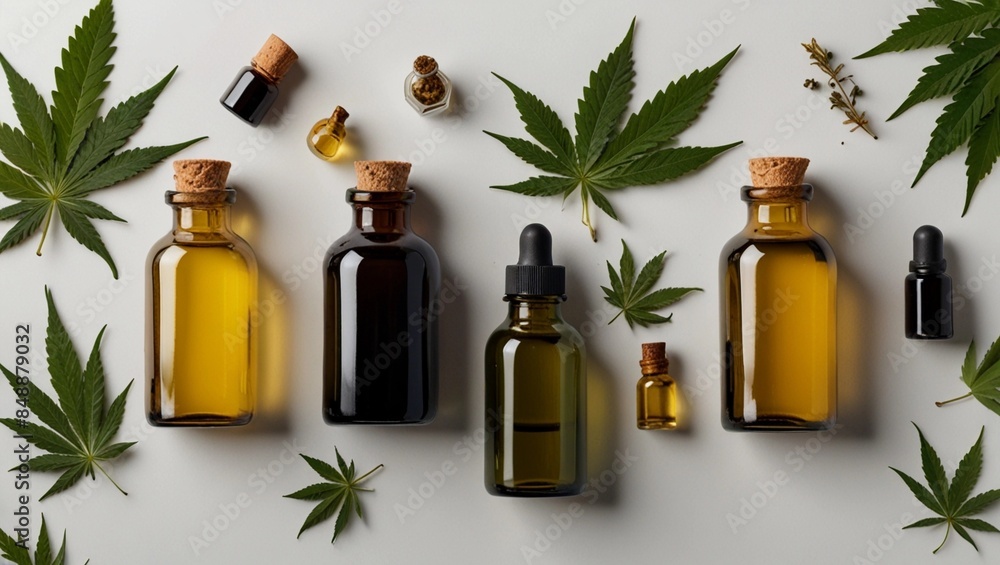 Flat Lay of CBD Oil and THC Tincture Bottles with Hemp Leaves Flat Lay of CBD Oil and THC Tincture Bottles with Hemp Leaves