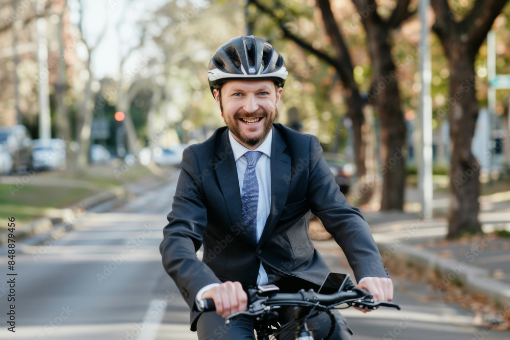 A cheerful businessman in a suit and helmet rides an electric bike on a sunny day, epitomizing modern, eco-friendly commuting. A cheerful businessman in a suit and helmet rides an electric bike on a sunny day, epitomizing modern, eco-friendly commuting.