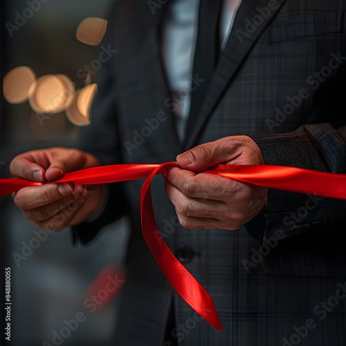 Business Leader Cuts Red Ribbon at Grand Opening Ceremony Symbolizing New Achievements and Success photo