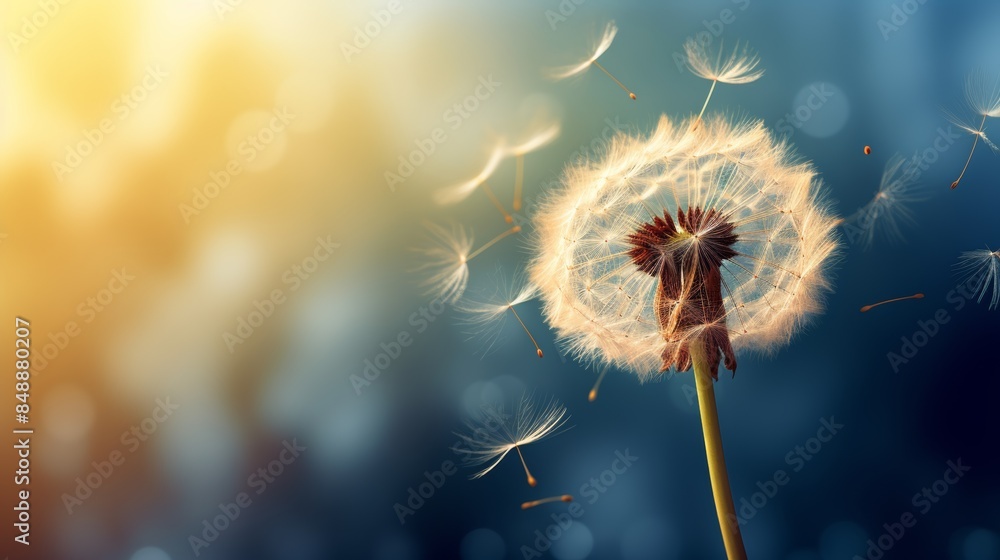 A close-up photo of a yellow dandelion flower, with its delicate seeds blowing away in the wind. A close-up photo of a yellow dandelion flower, with its delicate seeds blowing away in the wind.