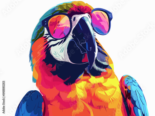 A colorful parrot wearing sunglasses and a colorful outfit