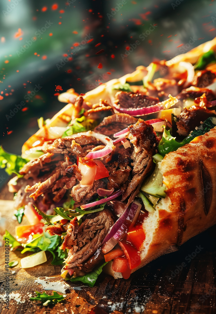 Φωτογραφία food photography of an delicious looking shawarma with meat, vegetables and meat pieces