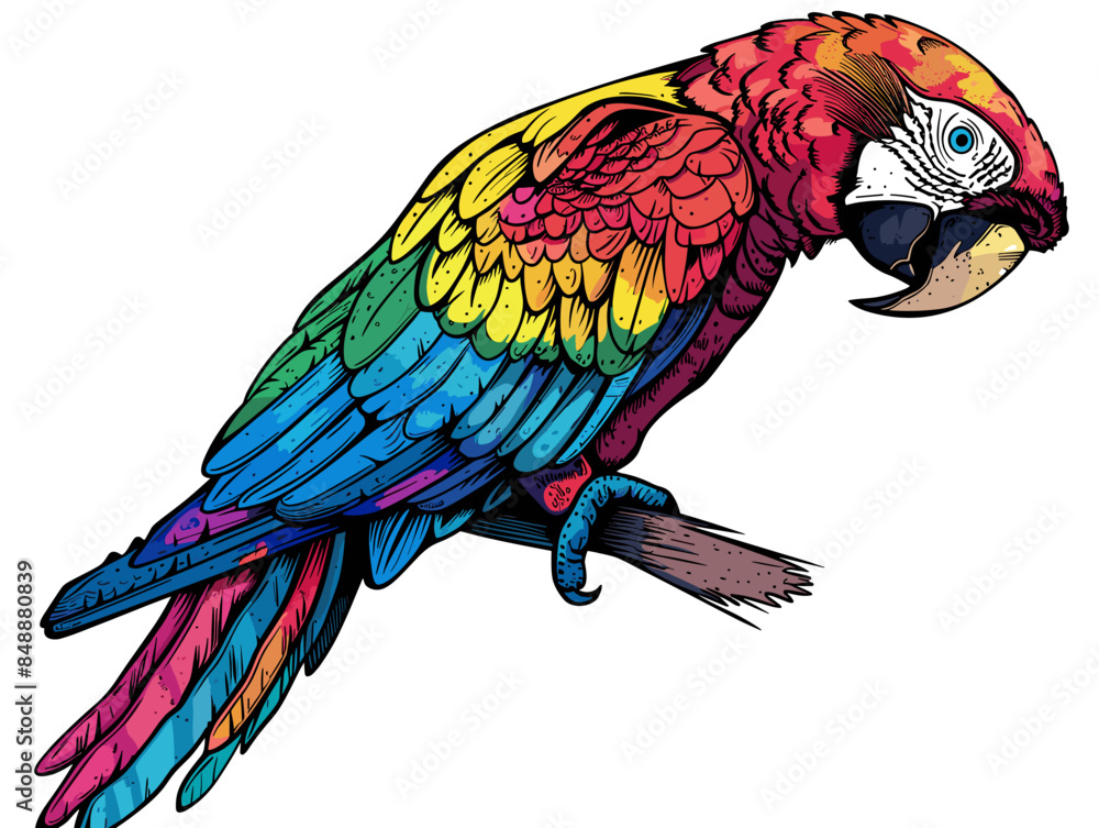 Fototapeta premium A colorful parrot is perched on a branch. The bird's bright colors and its position on the branch create a sense of liveliness and energy