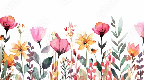 Watercolor floral border on white backdrop with pink and orange wild flowers plants and foliage photo