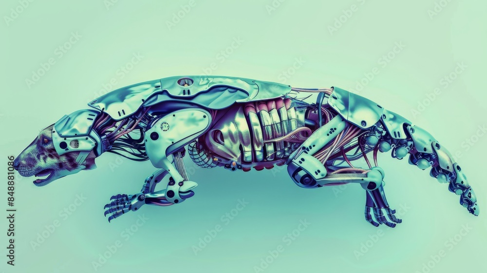 Fototapeta premium Cyborg animals, bioengineering, top view, showcasing enhanced wildlife, futuristic tone, colored pastel