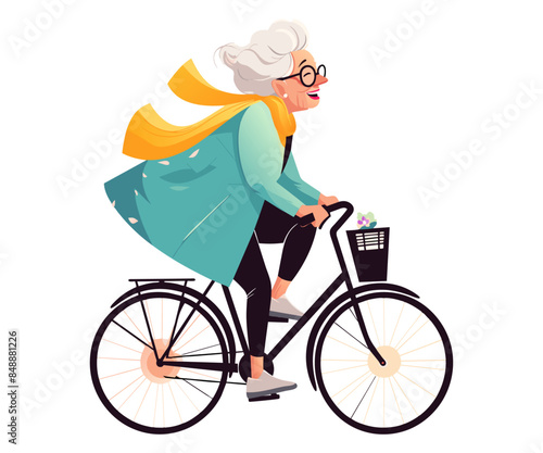 An elderly woman is riding bicycle. Active sport for health and leisure activities. Senior woman cycling outdoor. Healthy lifestyle. Vector illustration isolated on white background