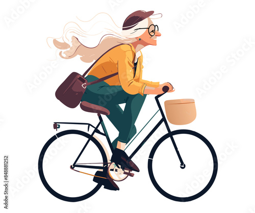 An elderly woman is riding bicycle. Active sport for health and leisure activities. Senior woman cycling outdoor. Healthy lifestyle. Vector illustration isolated on white background